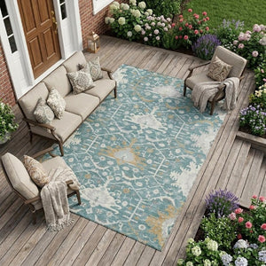 9 X 12 Teal Silver Oriental Polyester Area Rug Stain Resistant Indoor Outdoor