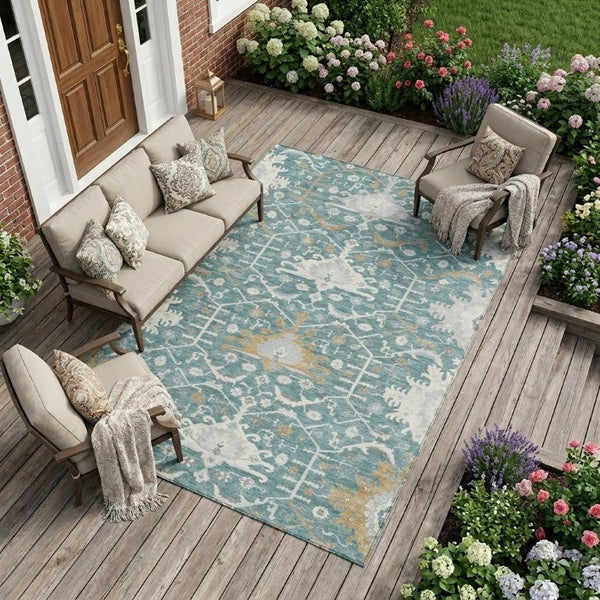 9 X 12 Teal Silver Oriental Polyester Area Rug Stain Resistant Indoor Outdoor