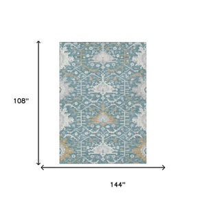 9 X 12 Teal Silver Oriental Polyester Area Rug Stain Resistant Indoor Outdoor