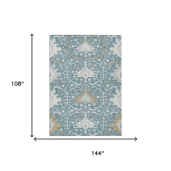 9 X 12 Teal Silver Oriental Polyester Area Rug Stain Resistant Indoor Outdoor