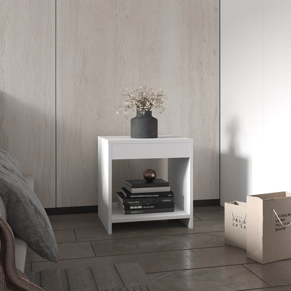 English Elm Chroma compact 16.5" tall minimalist nightstand with open shelf, durable engineered wood, space-saving design White 17.8 L x 15.8 W x 3.6 H B200P235873