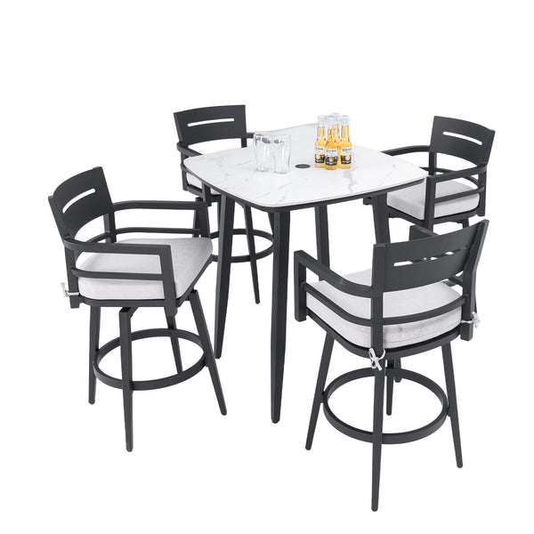 English Elm Modern Outdoor 5Pc Bar Set - Stylish Round Sintered Stone Table & 4 Swivel Chairs For Entertaining W1886S00023