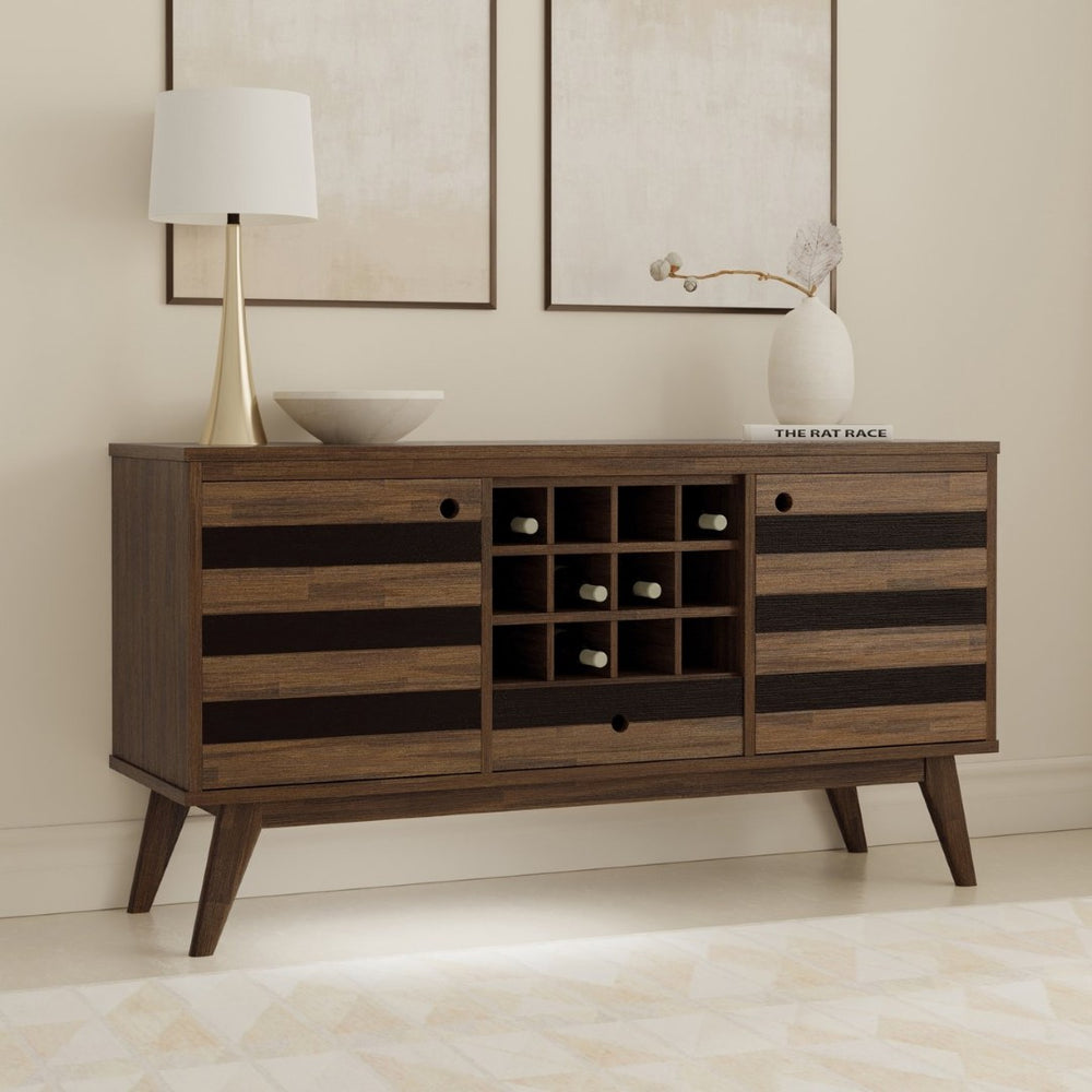 English Elm Clarkson Solid Acacia Sideboard with Wine Rack Mid-century Dining Storage Cabinet B136P439020
