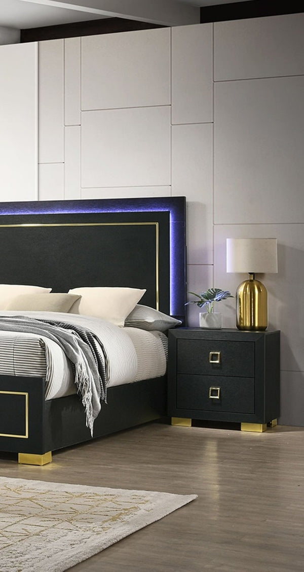 English Elm Contemporary Queen Bedroom Set Matte Black Wood Gold Legs Led Headboard Nightstands B2741S00157