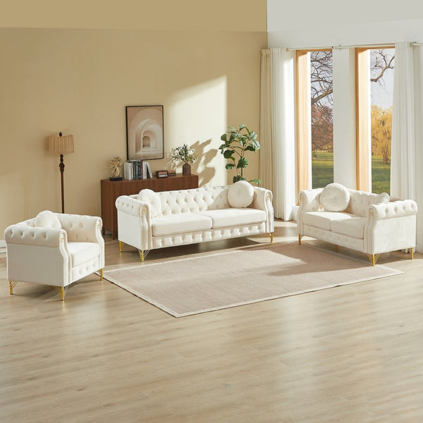 English Elm Velvet Chesterfield Tufted Sofa with Copper Stud Trim and Gold Legs for Glam Living Beige W834S00629