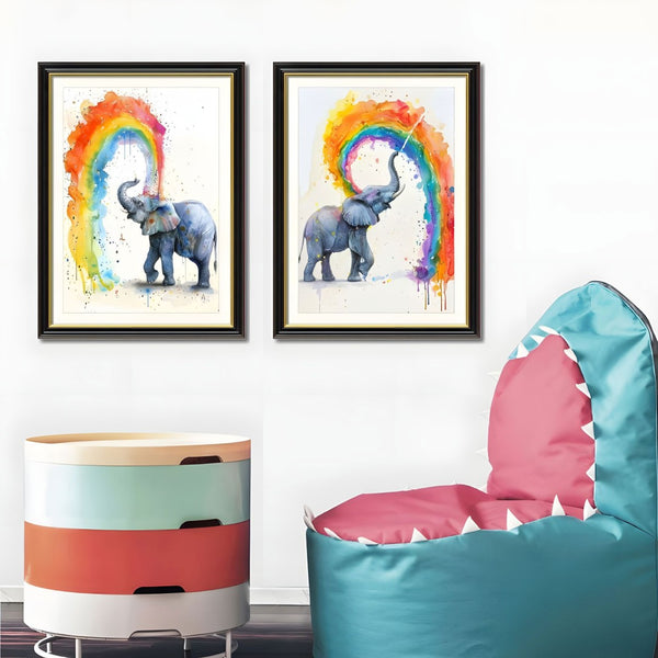 English Elm Set Of 2 Colorful Elephant Prints – Modern Framed Wall Art With Replaceable Canvas For Kids & Living Rooms T3976P383241-GIGA