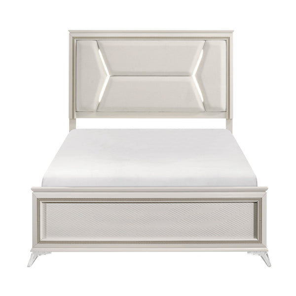 English Elm 1pc Chenille Upholstered Queen Headboard with LED Lighting, Modern Luxury Bed Frame in Antique White Gold Finish B011S01547