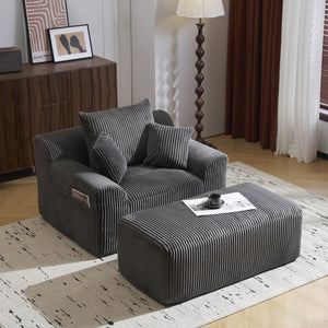 English Elm Oversized corduroy chaise lounge with ottoman, plush boneless sofa, ergonomic pillows for relaxing comfort Grey W1901P278403