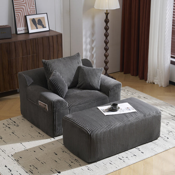 English Elm Oversized corduroy chaise lounge with ottoman, plush boneless sofa, ergonomic pillows for relaxing comfort Grey W1901P278403