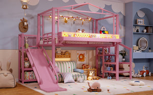 English Elm Twin Metal Loft Bed with Built-in Wardrobe Storage Stairs Led Lights and Usb Ports W5316S00046