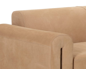 Sunpan Romer Sofa - Luxurious Nubuck Tan Leather with Distressed Brown Oak Legs for Cozy Living Spaces