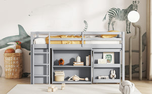 English Elm Twin Loft Bed With Storage Cabinets, Pull-Out Desk & Safety Guardrail - Sturdy Grey Rubberwood Design W504S00201-GIGA