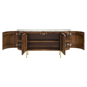 English Elm Feast Natural 4-door Sideboard Buffet Cabinet with White Marble Top, Mango Wood, Brass Inlay, 63" B062P342730