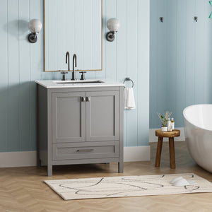 English Elm Freestanding Bathroom Vanity Solid Wood Frame Carrara Marble Top Soft Close Storage W1573S00086