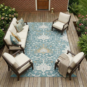 10 X 14 Teal Silver Oriental Polyester Area Rug Washable Stain Resistant Patio