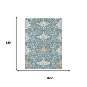 10 X 14 Teal Silver Oriental Polyester Area Rug Washable Stain Resistant Patio