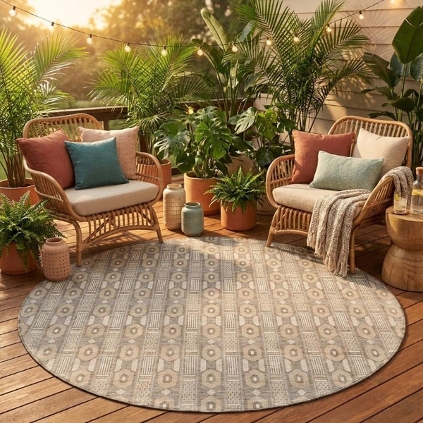 8 Ft Round Striped Polyester Area Rug Washable Indoor Outdoor Beige Brown Patio