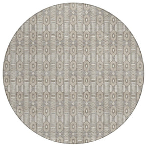 HomeRoots 8 Ft Round Striped Polyester Area Rug Washable Indoor Outdoor Beige Brown Patio 745003