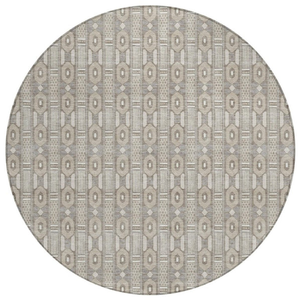 HomeRoots 8 Ft Round Striped Polyester Area Rug Washable Indoor Outdoor Beige Brown Patio 745003
