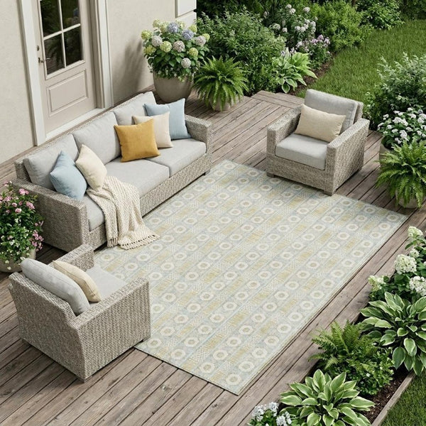 8 X 10 Ivory Silver Stripe Polyester Area Rug Washable for Patio or Living Room