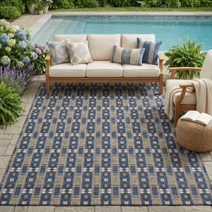 5x8 Navy Striped Polyester Area Rug Washable Stain Resistant Indoor Outdoor Use