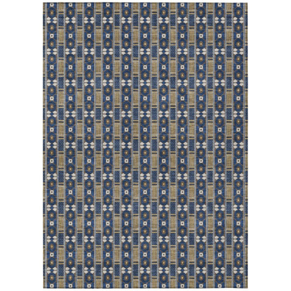 HomeRoots 5x8 Navy Striped Polyester Area Rug Washable Stain Resistant Indoor Outdoor Use 745026