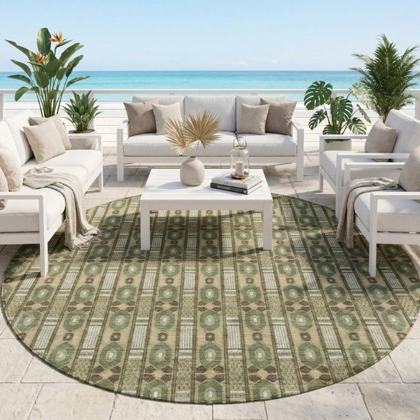 8 Foot Round Striped Polyester Area Rug Washable Indoor Outdoor Patio Family Room