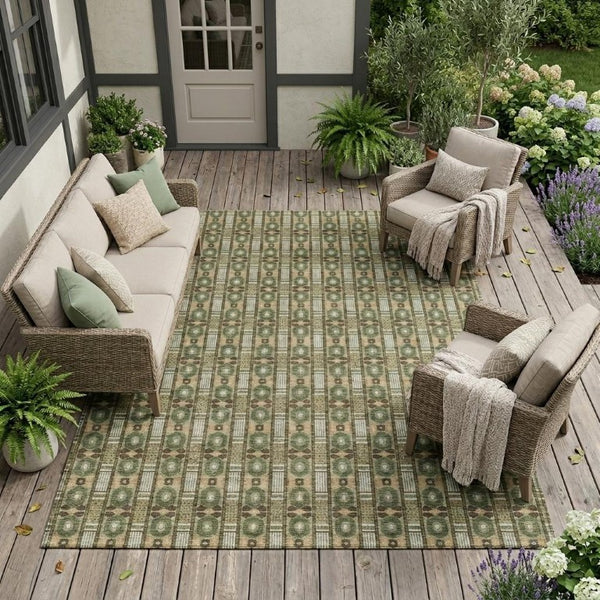 10 X 14 Olive Striped Polyester Area Rug Washable Stain Resistant Indoor Outdoor
