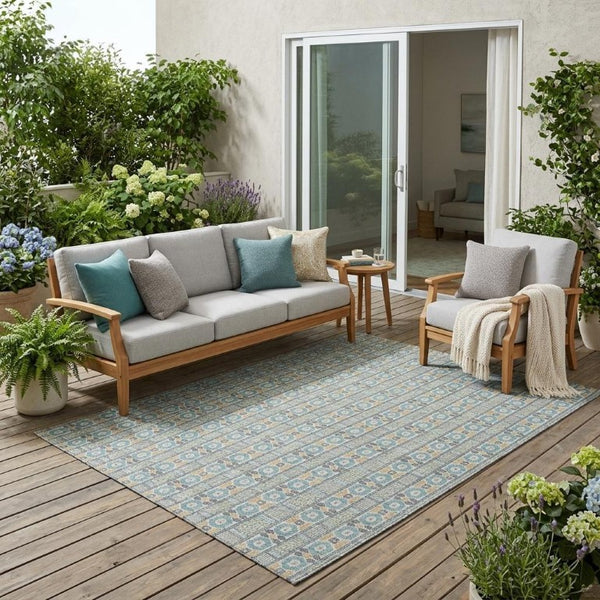 5x8 Teal Silver Striped Polyester Area Rug Washable Stain Resistant Indoor Outdoor