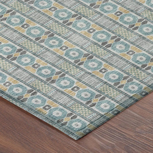 5x8 Teal Silver Striped Polyester Area Rug Washable Stain Resistant Indoor Outdoor