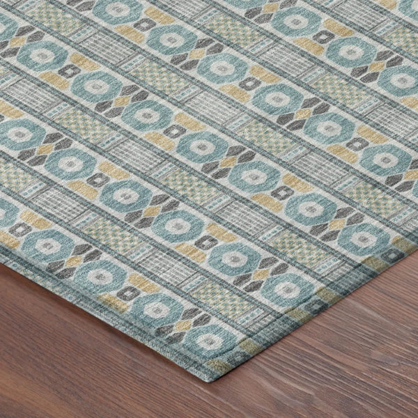 5x8 Teal Silver Striped Polyester Area Rug Washable Stain Resistant Indoor Outdoor