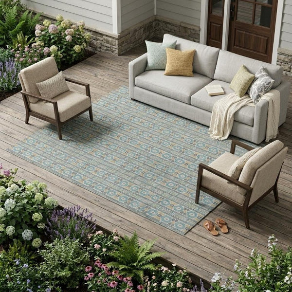 8x10 Teal Silver Stripe Polyester Area Rug Washable for Patio Porch or Living Room