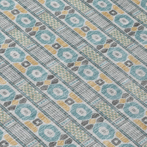 8x10 Teal Silver Stripe Polyester Area Rug Washable for Patio Porch or Living Room