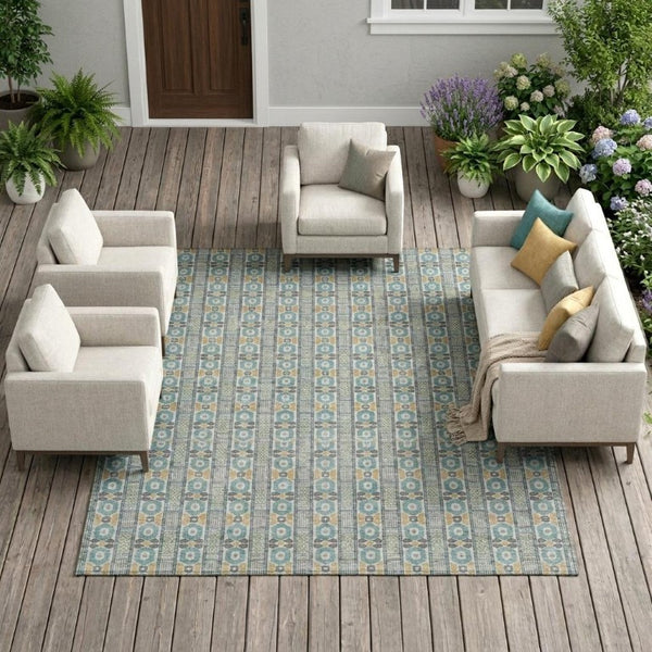 9 X 12 Teal Silver Stripe Polyester Area Rug Washable Stain Resistant Indoor Outdoor