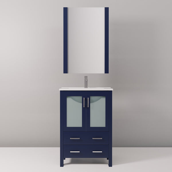 English Elm Navy Bath Vanity 24"W x18.25"D with White Ceramic Top, Chrome Faucet & 22"x32" Mirror, Durable Finish B2731S01284