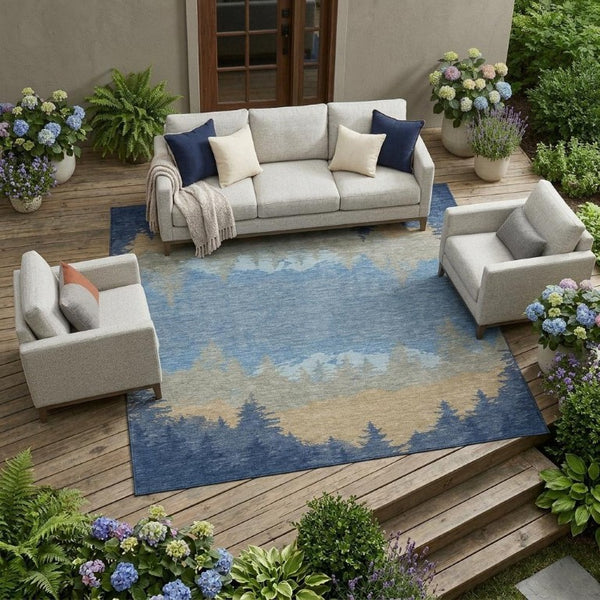 8x10 Floral Navy Polyester Area Rug Washable Stain Resistant Indoor Outdoor Patio