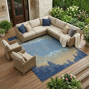 9x12 Floral Indoor Outdoor Polyester Area Rug Stain Resistant Washable Navy