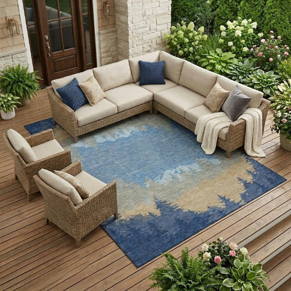 9x12 Floral Indoor Outdoor Polyester Area Rug Stain Resistant Washable Navy