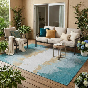 5x8 Teal Turquoise Floral Polyester Area Rug Stain Resistant for Patio or Porch