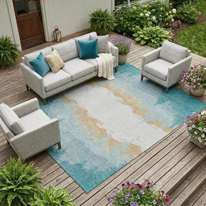 8x10 Floral Teal Polyester Area Rug Stain Resistant for Patio Porch or Living Room