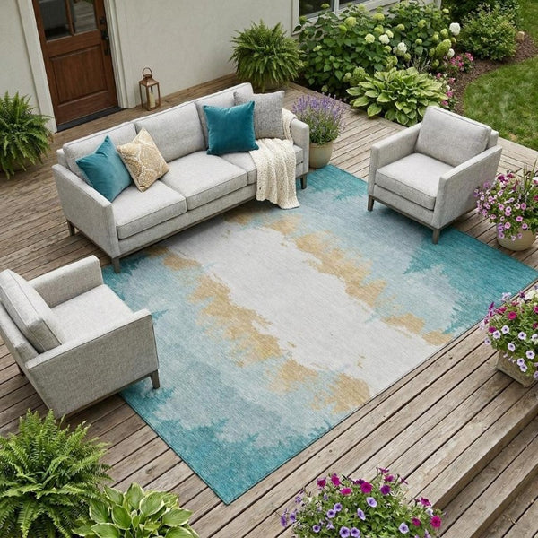 8x10 Floral Teal Polyester Area Rug Stain Resistant for Patio Porch or Living Room