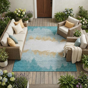 9 X 12 Teal Floral Polyester Area Rug Washable Stain Resistant for Indoor Outdoor