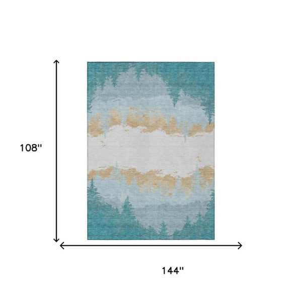 9 X 12 Teal Floral Polyester Area Rug Washable Stain Resistant for Indoor Outdoor