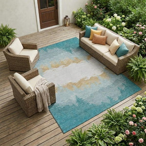 10 X 14 Floral Polyester Area Rug Washable Stain Resistant Teal Indoor Outdoor