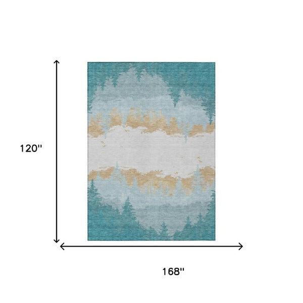 10 X 14 Floral Polyester Area Rug Washable Stain Resistant Teal Indoor Outdoor