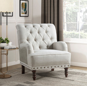 English Elm 1pc Beige Accent Chair – Button-Tufted Fabric, Nailhead Trim, Solid Wood Frame, Luxurious Living Room Seat B011P281844