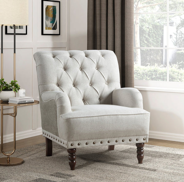 English Elm 1pc Beige Accent Chair – Button-Tufted Fabric, Nailhead Trim, Solid Wood Frame, Luxurious Living Room Seat B011P281844