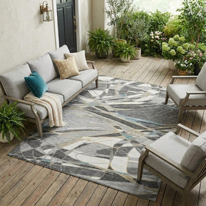 9 X 12 Abstract Gray Polyester Area Rug Washable Stain Resistant Indoor Outdoor