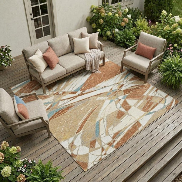 8 X 10 Rust Orange Abstract Polyester Area Rug Stain Resistant Indoor Outdoor