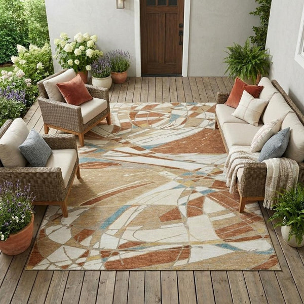 10 X 14 Abstract Rust Orange Washable Polyester Rug for Indoor Outdoor Spaces